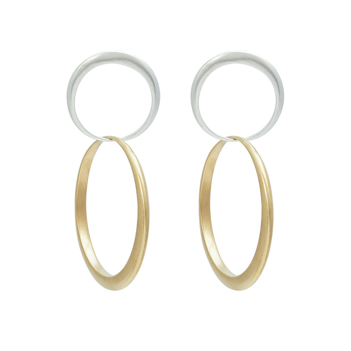 Asymmetrical interlocking statement drop earring in sterling silver and yellow bronze   