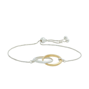 Adjustable bracelet with interlocking tapered Eclipse rings in sterling silver and yellow bronze