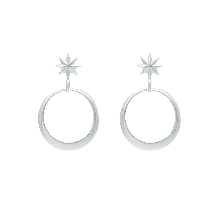 Minimalist drop earrings with tapered ring suspended from an estrella stud in sterling silver
