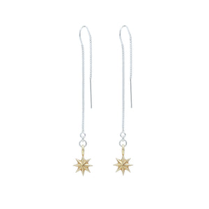 Minimalist estrella thread through chain earrings in sterling silver  and yellow bronze
