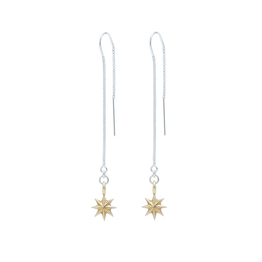Minimalist estrella thread through chain earrings in sterling silver  and yellow bronze